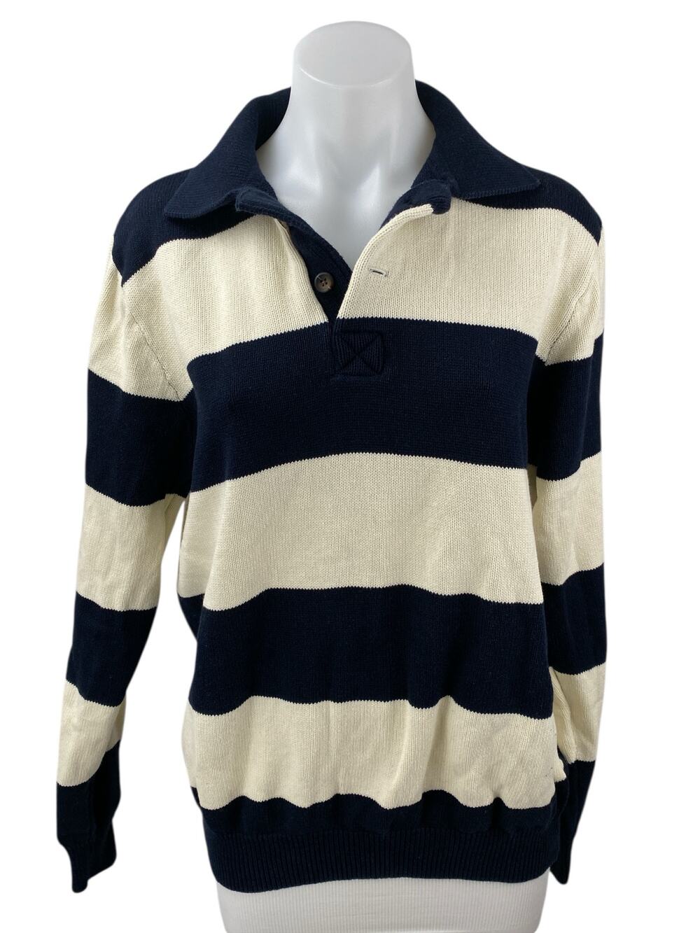 Brandy Melville Blue Cream Stripe Collared Long Sleeve Henley Sweater Top Size M